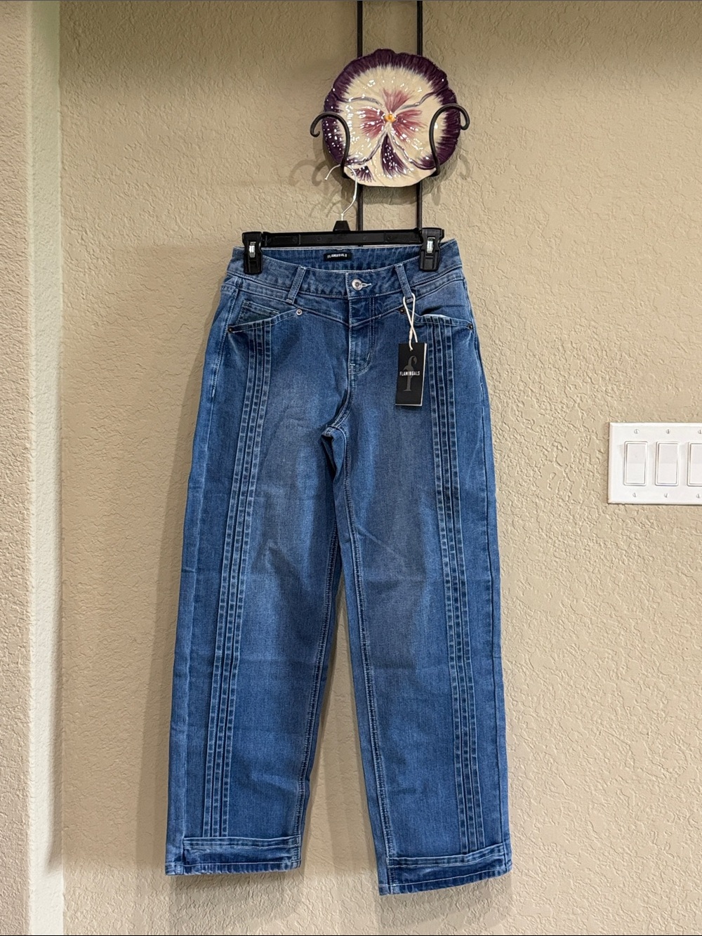 NWT Flamingals SZ XS Blue Barrel Fit Jeans waist 12” Rise 10” Inseam 27”